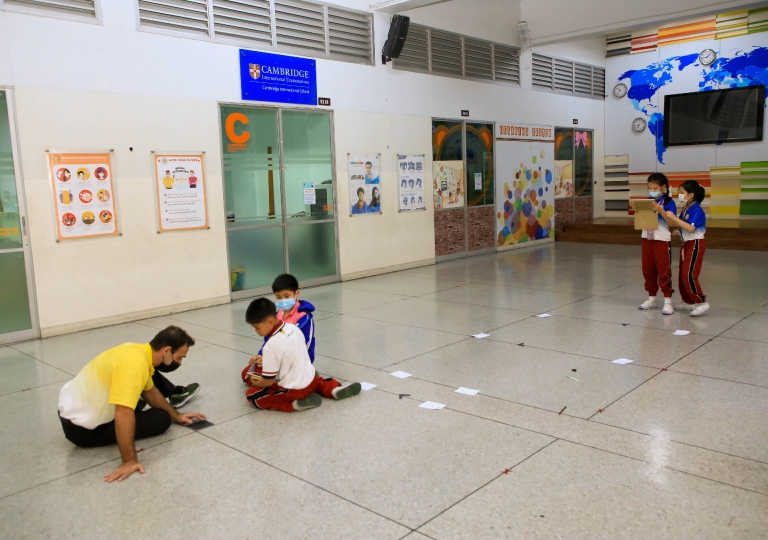P3 Mathematics class with Mr. Christopher Raynes to observe the parallel and perpendicular lines around the 1st floor of EP building and St. Louis arena and to understand the important role it plays in daily life, February 10, 2021